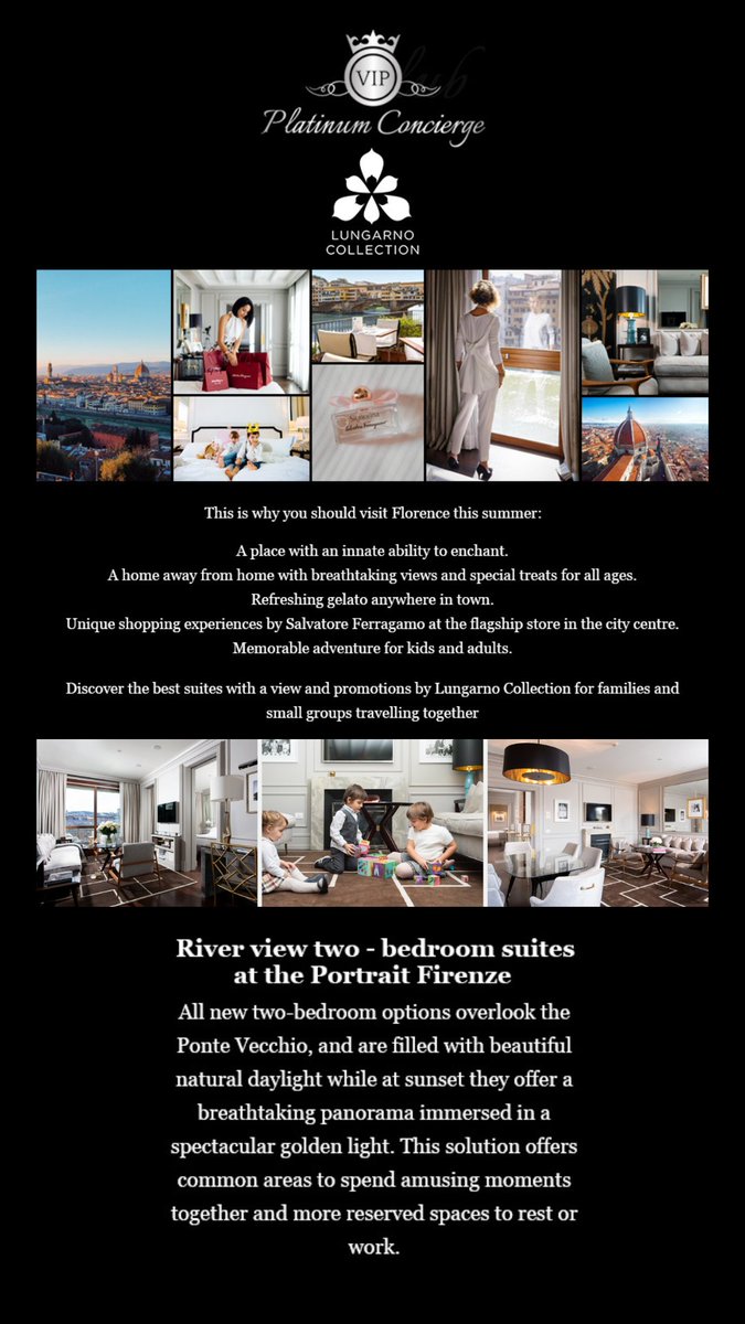 VIPPlatinumLHR's tweet photo. This is why you should visit Florence this summer!
Discover the best suites with a view and promotions by Lungarno Collection for families and small groups traveling together.
For more information contact Platinum Concierge London Now!
#LungarnoCollection #LungarnoMoments https://t.co/KVgH2uQHXZ