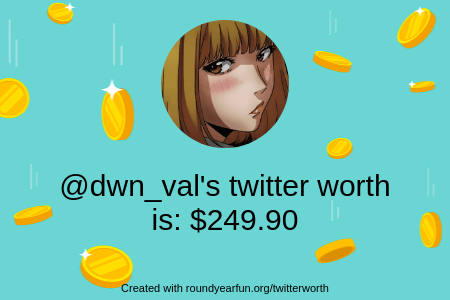 dwn_val's tweet photo. My Twitter worth is: $249.90

Find yours with https://t.co/IGnlNdMaja

⠀ https://t.co/IhpXCGDXVH