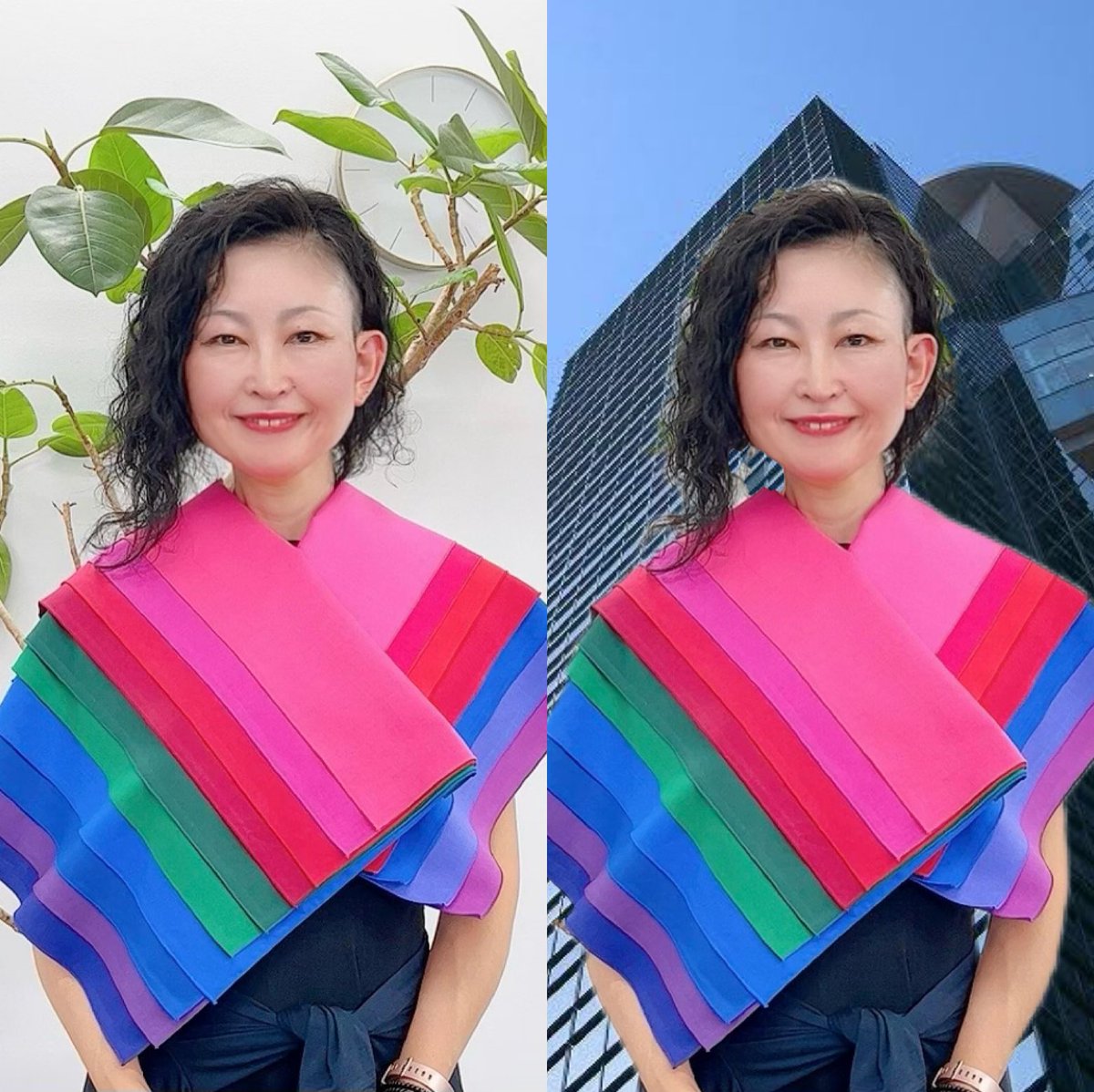 akazawastyle's tweet photo. 🌈パーソナルカラー #8COLOR 診断の結果1stリッチウインター/2ndブリリアントウインターという、ウインターど真ん中の私❄️撮影で他のタイプの方々は後ろのグリーンも映えて更に美しく写っていたのですが、私の番になると「後ろの葉っぱ邪魔ね🤔」「無機質な壁の方が合いそう🤔」ウインターあるある❗️😆 https://t.co/aqYYvyFdeh