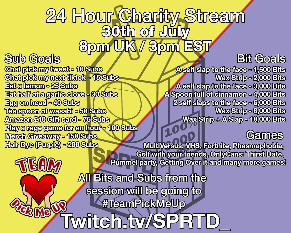 So this Saturday, the 30th of July at 8pm uk / 3pm est, I’ll be doing my first ever 24 hour stream and I’ve decided it to make it into a charity stream, and what better charity to rep than <a href="/Selfless_Gaming/">Selfless_Gaming</a> ‘s #teampickmeup so why not stop by for an amazing time!!