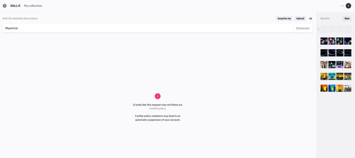 ark_aung's tweet photo. Dear @OpenAI why is the word "Myanmar" (let alone any other creative sentence containing the word "Myanmar") against your Content Policy in Dall-E? https://t.co/AvQbRLZdxD