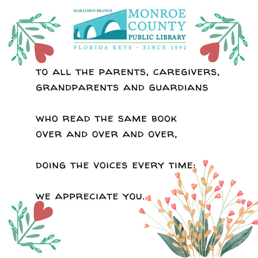 To all our parents and caregivers we salute you for all you do! 
Happy Parents' Day from the staff at the Marathon Branch of the Monroe County Public Library in the HEART of the Florida Keys
#parentsday #July2022 #MCPLMaraFL #KeysLibraries #LoveYourLibrary