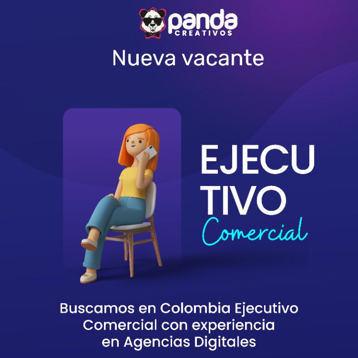 Buscamos Ejecutiv@ comercial. 
Envía tu cv a pandacreativos@gmail.com para ser parte de nuestro equipo. #trabajoremoto #TrabajoSiHay #sihaytrabajo