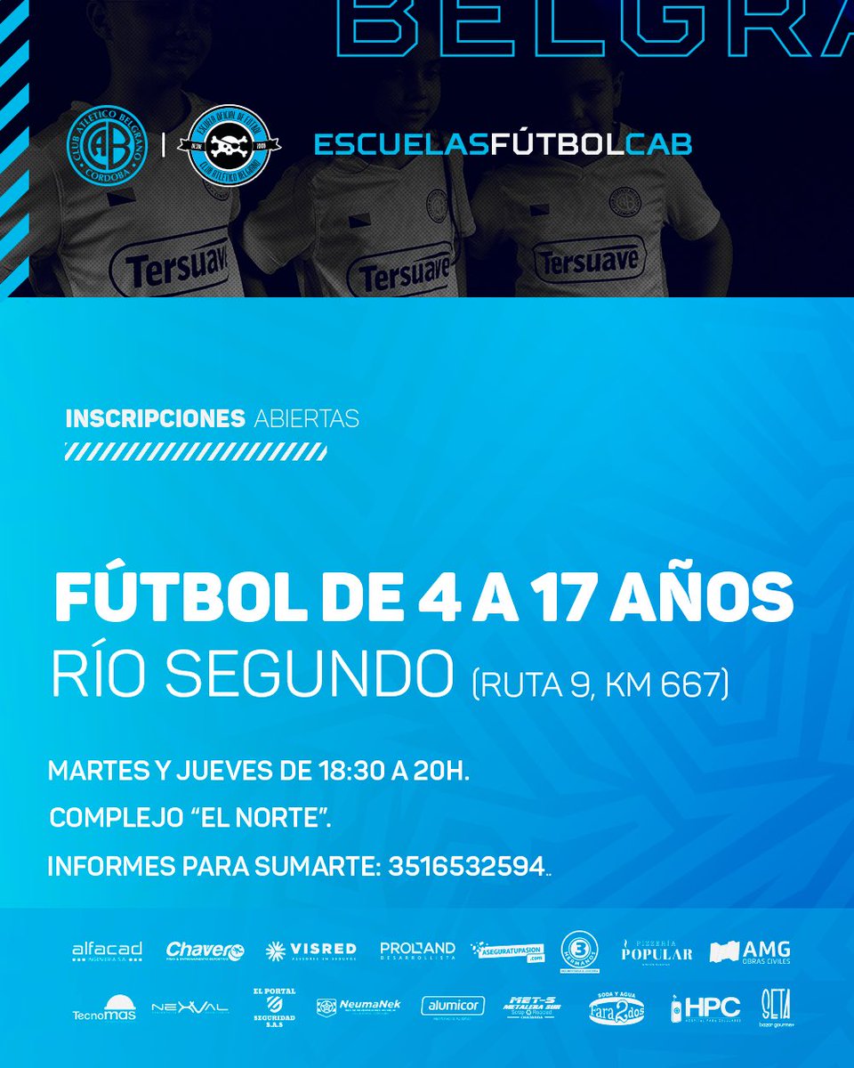 #EscuelitasBelgrano | ¡Sumate a la sede Río Segundo! ⚽

🗓️ Practicá fútbol los días martes y jueves entre las 18:30 y las 20h 💙.

📲 Por cualquier consulta, comunicate al 3516532594.