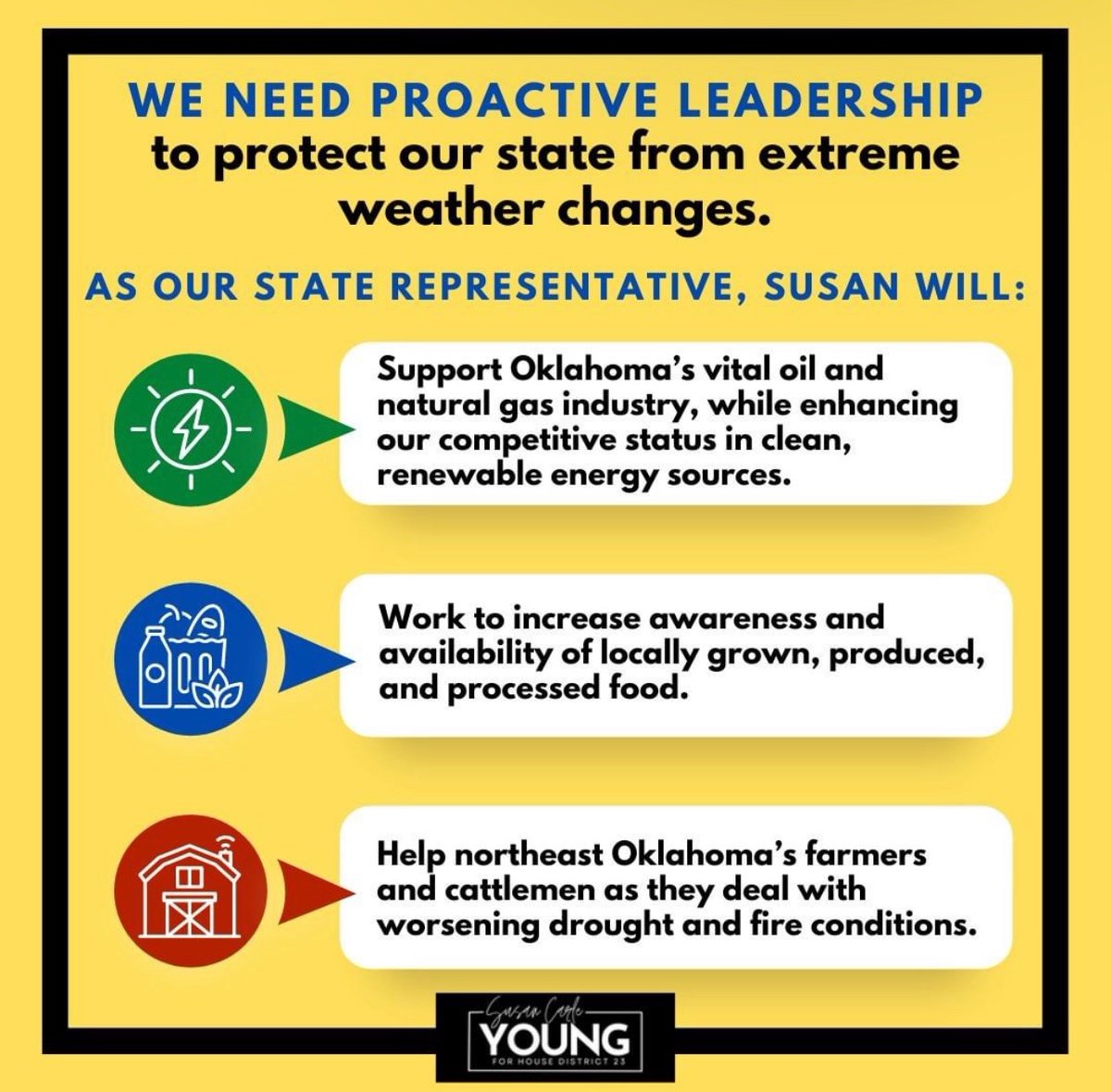 SusanForOK's tweet image. We need proactive leadership to protect our state from severe weather changes. I’m the only candidate in this race with a plan to do exactly that. 

Let’s elect a leader who will put the people of District 23 first. 

Learn more and get involved at susanforok.com.