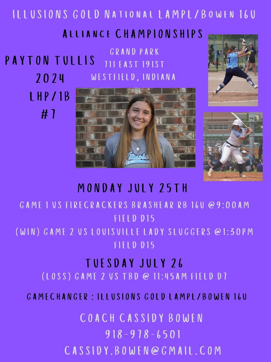 <a href="/payton_tullis06/">Payton Tullis</a> <a href="/TarletonSB/">Tarleton State Softball</a> <a href="/TAMUKSB/">Javelina Softball</a> <a href="/AngeloStateSB/">Angelo State Softball</a> <a href="/MT_Softball/">Middle Tennessee Softball</a> @WTSoftball <a href="/BUCOSoftball/">Butler Softball</a> <a href="/UTMSoftball/">UT Martin Softball</a> <a href="/McNeeseSoftball/">McNeese Softball</a> <a href="/BlinnSoftball/">Blinn College Softball</a> <a href="/WranglerSB/">Odessa College Softball</a> @Illusionsgoldl1 Updated flyer game 1 time is 9:00 am.