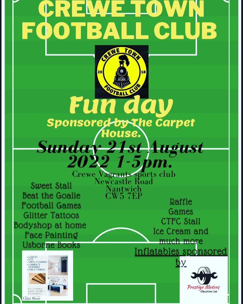 Crewe_TownFC's tweet photo. Come and join us at Crewe Vagrants sports club Sunday 21st July for our family funday! https://t.co/vsz26PDiQb