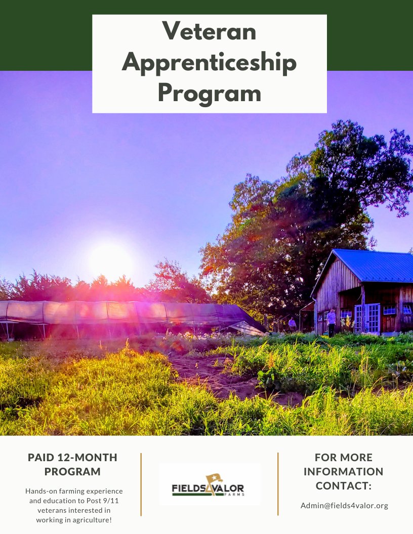 fields4valor's tweet image. Here's some information about our Veteran Farm Apprenticeship Program! 
Contact: Admin@fields4valor.org to inquire.
#VetsGrowGood #FarmFreshISBest #Fields4ValorFarms