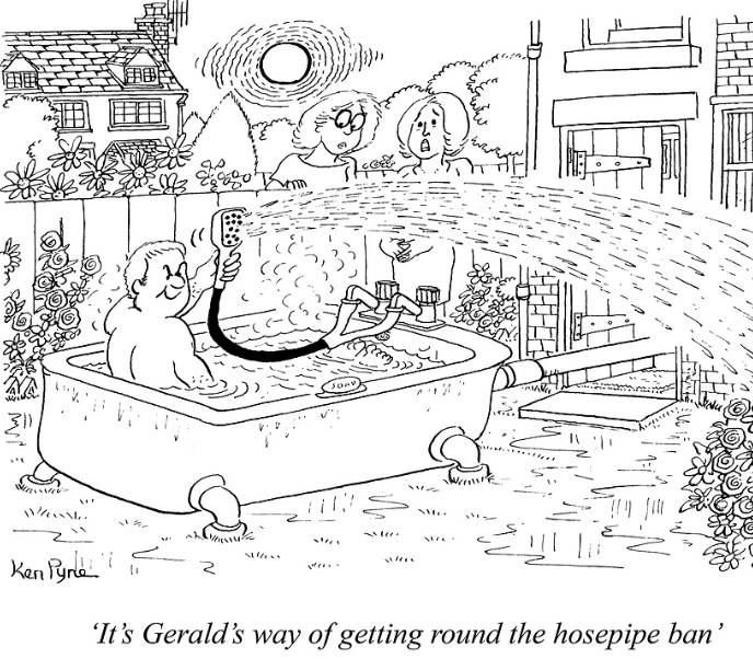 PunchCartoons's tweet photo. ‘It’s Gerald’s way of getting round the hosepipe ban’

Order your prints: https://t.co/W4xc0UQ9qx

#punchmagazine #punchcartoons #illustration #drawing #art #cartoonart #publishing #britishhumour #1990s #fleetstreet #KenPyne #hosepipe #bathing #climatechange #suburbs https://t.co/leUGaBWhUL