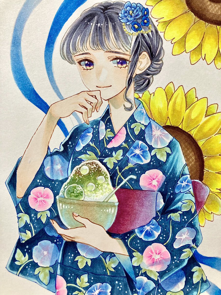 1girl flower japanese clothes solo kimono blue flower hair flower  illustration images