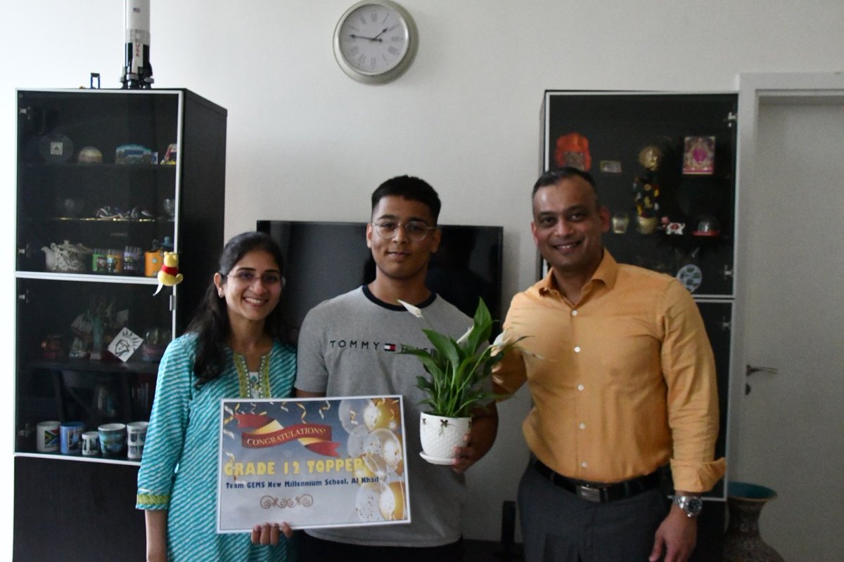 gemsnms_alkhail's tweet photo. We caught our Grade 12 AISSCE Toppers Shriyans Ganpate (Rank 1), Manas Singh Bindra (Rank 3), and Advik Unni (Rank 4) by surprise when we visited their homes with a cake and peace lilies to congratulate the 'BIG VICTORY' on the big day of results announcement! @Fatima_Martin https://t.co/h6lQhRv4JD
