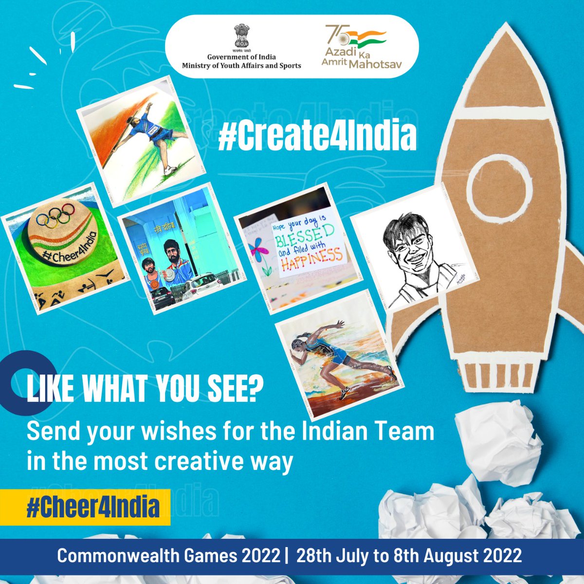 Anurag_Office's tweet photo. What is the most heartwarming way to wish our Indian 🇮🇳 team going for #CWG2022❓                     

Here's what you can do to support the team
1. Send you creative entries using hashtag #Create4India &amp; #Cheer4India 🇮🇳 (Put your signature on photo) 

Last Date: 26th July 2022 https://t.co/MqzyOIdzBR