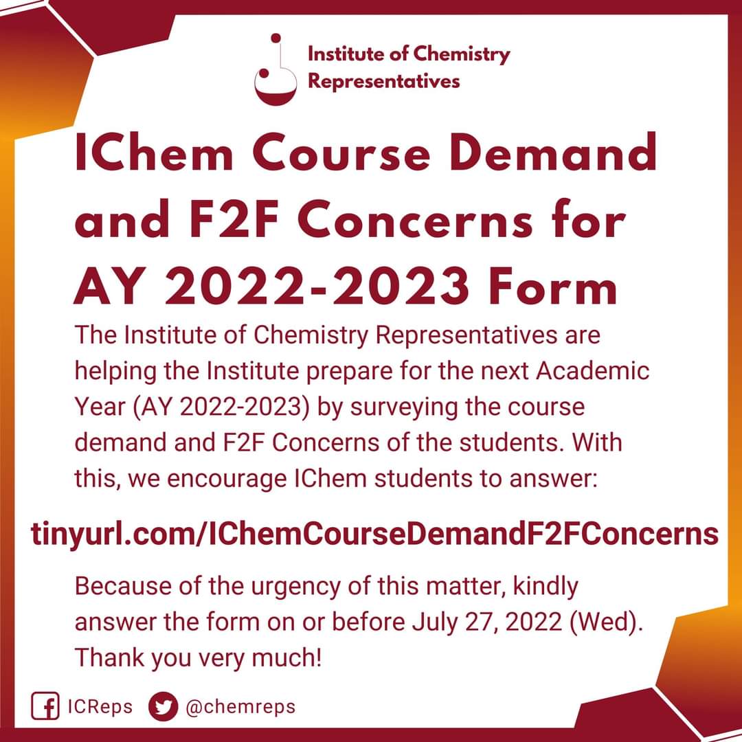 ajlspedro52's tweet photo. Attention, Incoming BS Chem Sophies, Juniors, and Seniors!

The Institute of Chemistry Representatives are helping the Institute prepare for the next Academic Year (AY 2022-2023) by surveying the course demand and F2F Concerns of the students. https://t.co/LQdzxBpZCi