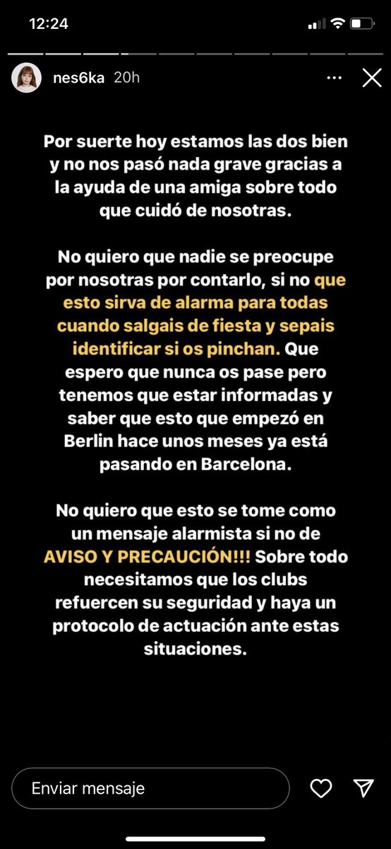 Neska, una joven con usuario @ ne6ka en IG, ha publicado esto en sus stories.

💉

A una amiga y a ella les pincharon en un bar/discoteca/pub (en Les Enfants, carrer de Guardia, comenta).