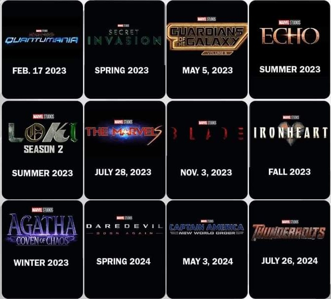 Upcoming #Marvel's #DisneyPlus Series 2023 #WhatIf S2 - Early #SecretInvasion - Spring #Echo - Summer #Loki S2 - Summer #XMen97- Fall #IronHeart - Fall #AgathaHouseOfHarkness - 2023/24 2024 #DaredevilBornAgain - Spring #SpiderManFreshmanYear #MarvelZombies #ArmorWars