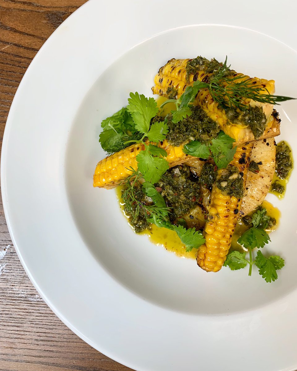 **new dish** 
Chargrilled celeriac steak 
With corn ribs, garlic, fresh herbs and chimichurri. 
It’s delicious 
And vegan..