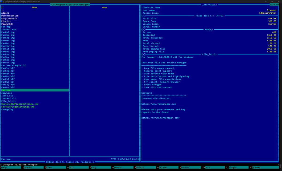 DiamondMonday's tweet photo. 😉📢Far Manager v3.0 Stable builds 6000 (2022-07-23) is now available! https://t.co/C1sH3ltvzQ
📌#Far managing files and archives in Windows, works in text mode and provides a simple and intuitive interface...
📋Project on GitHub👉 https://t.co/4fltBqwjoE
🗄️#FarManager
🗃️#Far https://t.co/Oa4aJc6Bit