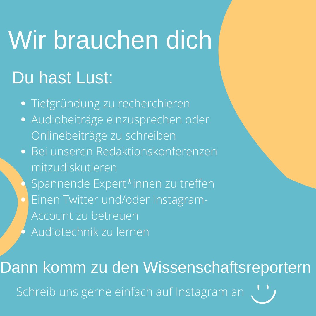 Die <a href="/wissreporter/">Die Wissenschaftsreporter</a> suchen Nachwuchs! Wenn ihr interessiert seid an #Podcast und an #Wissenschaft und Themen recherchieren wollte, die #Jugendliche interessieren, meldet euch bei uns! Schaut auf unsere Webseite: diewissenschaftsreporter.de.