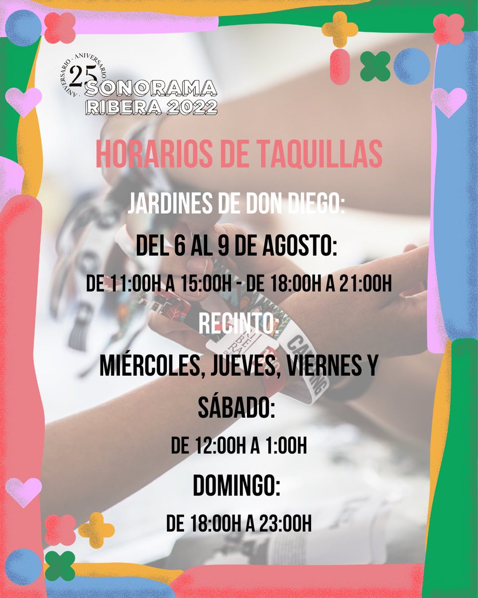 ¡Horarios de taquillas para poder recoger vuestras pulseras!

Para quienes estéis en Aranda toda la semana, recomendamos recogerlas en los Jardines de Don Diego para que así haya más fluidez los días del festival.