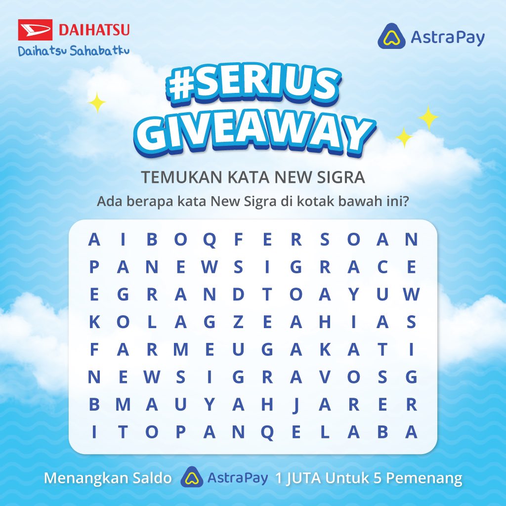 #SERIUSGIVEAWAY hadir kembali 🥳

Yuk ikutan &amp; menangkan hadiah saldo ASTRAPAY 1 JUTA buat 5 pemenang!

- Caranya follow Daimin dulu
- RT &amp; LIKE tweet ini
- Jawab &amp; sertakan hastag #SeriusGiveaway sebanyak-banyaknya soal yang ada pada banner!

Gampang kan? Yuk ikutan 😍