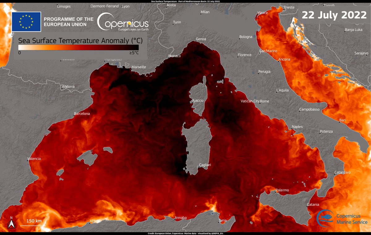 defis_eu's tweet photo. #ImageOfTheDay
The waters of the Mediterranean Sea continue to be heavily affected by the recent extreme temperatures ♨️
➡️Along the coast of 🇫🇷 & 🇮🇹 a Sea Surface Temperature anomaly of +5°C is persisting
⬇️@CMEMS_EU data of 22 July
#Heatwaves #CaldoRecord #Canicule https://t.co/KIosqIhoEE