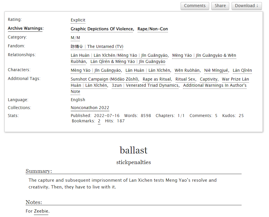 almach_fics's tweet photo. ballast
cql, xiyao (third-party forced noncon), explicit, 8.6k words

sooooo i got to write for @/ZeebieTweets for nonconathon this year, and what i wrote is the longest fic i've posted so far!

come one, come all, see lan xichen survive the war.

link: https://t.co/uAlMH4nn50 https://t.co/VIMK3kIYFR