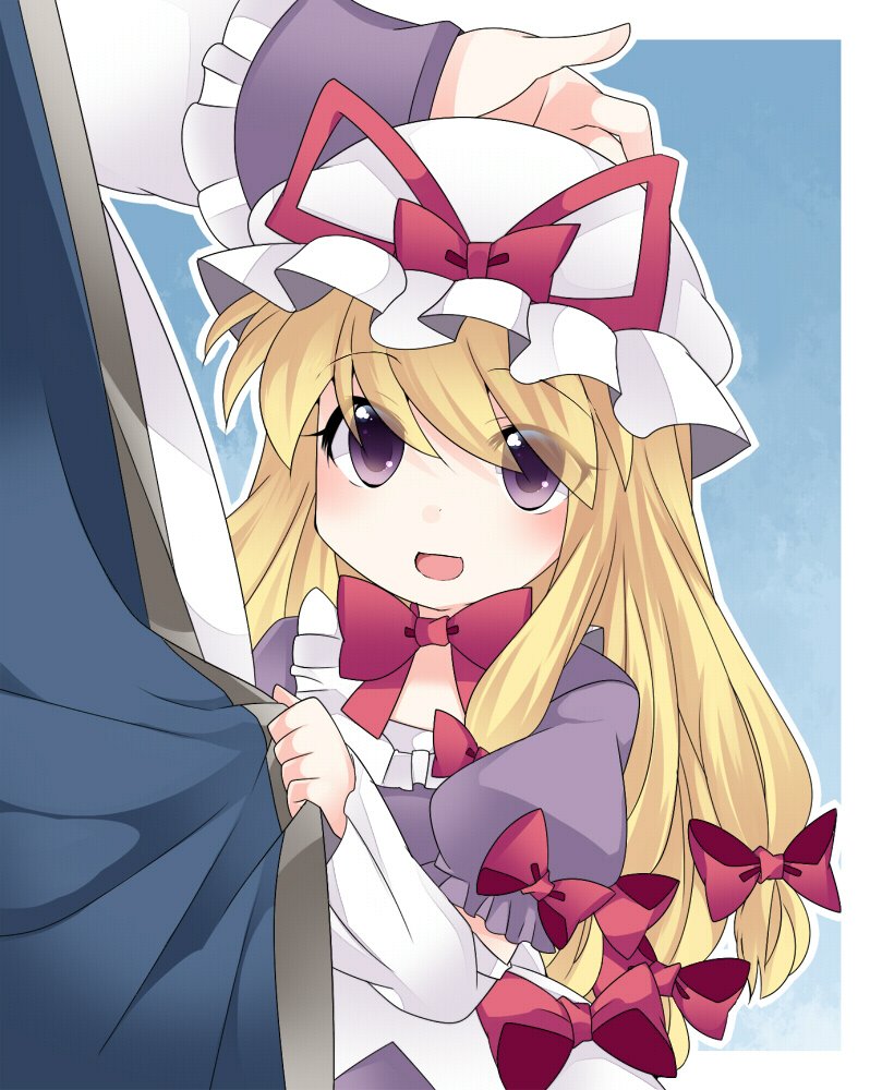 yakumo ran ,yakumo yukari hat purple eyes blonde hair long hair open mouth aged down smile  illustration images