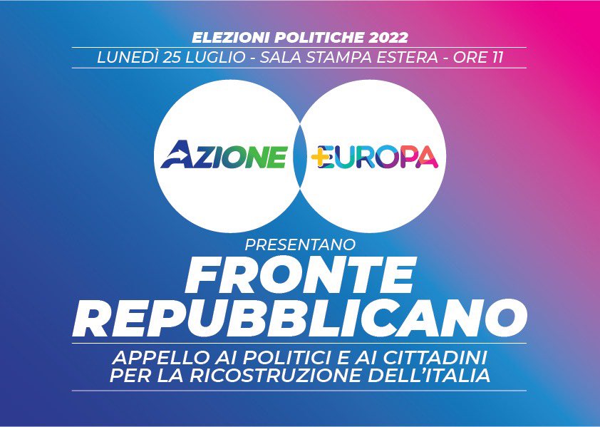 Azione_it's tweet photo. 🔴 Domani alle 11 presenteremo con @Piu_Europa il Manifesto del Fronte Repubblicano per le elezioni politiche del 25 settembre alla @Stampa_Estera.  

@CarloCalenda, @emmabonino, @bendellavedova, @MatteoRichetti, @riccardomagi e @Enrico__Costa.

🎥 In diretta su Facebook. https://t.co/p5tpZvV60V