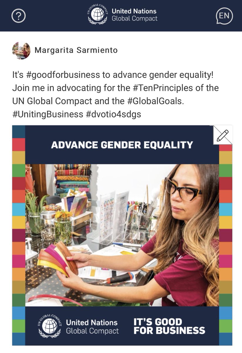 DVOTIO's tweet photo. It's #goodforbusiness to advance gender equality! Join me in advocating for the #TenPrinciples of the UN Global Compact and the #GlobalGoals. #UnitingBusiness #dvotio4sdgs @DVOTIO 💛💙❤️ https://t.co/x8CjH2IiQG
