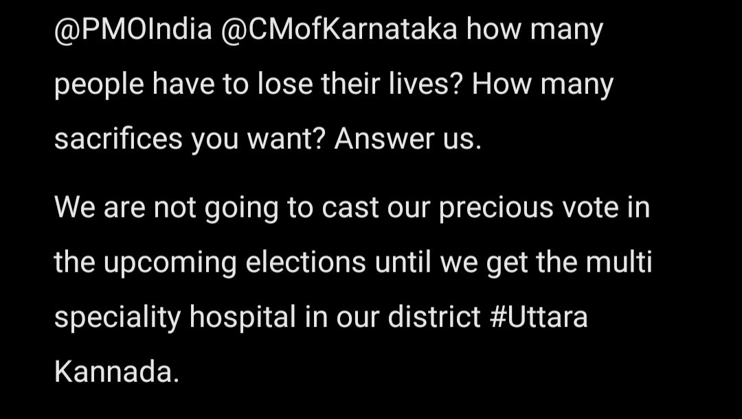 YakshitaNaik's tweet photo. We need emergency hospital in Uttara Kannada district. We are not going to cast our precious vote in the upcoming elections until we get multi speciality hospital in our district. 
#NoHospitalNoVote 
#WeNeedEmergencyHospitalInUttaraKannada @PMOIndia @narendramodi @CMofKarnataka https://t.co/6HK9IxLUnS