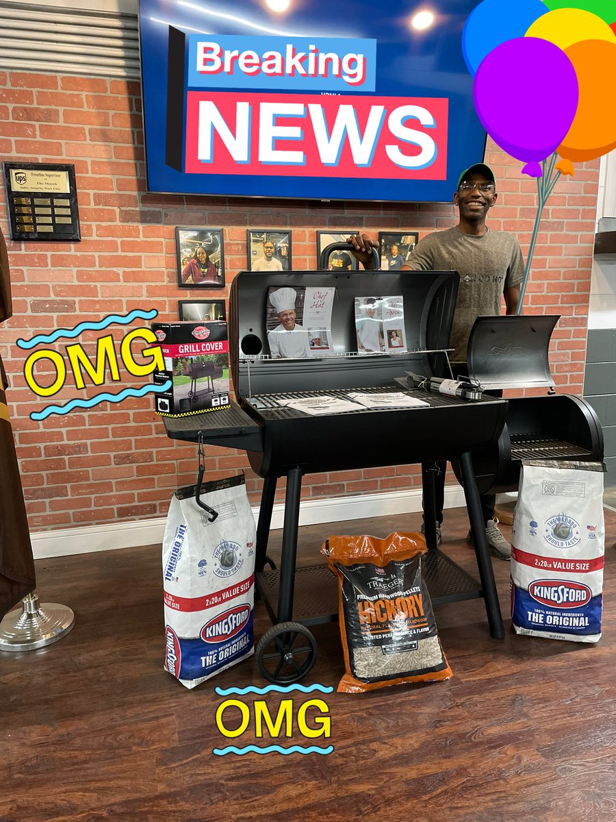 Thrill of the Great Grill Giveaway. Attendance prize awarded to Deontae. 🎉 👏 charcoal, hickory wood chips (took the pellets back, oops) chef hat, apron, cover for the grill, and utensils! Where’s mine! “Sometimes” it pays a little extra to show up. #LuckyGuy #ups #iwon