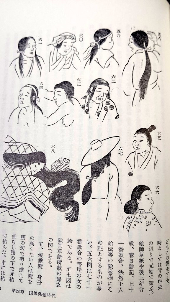 平安～中世の女性の、適宜まとめたり結い上げたりの図。髪を額に巻き付けたり(63)布で包む(60)のもあった。「日本結髪全史」(江馬務/東京創元社/1960改訂版) 