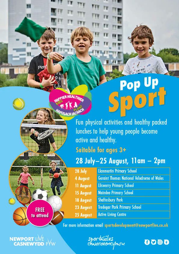 NewportLiveUK's tweet photo. 😎 Pop Up Sport events are BACK! 
This summer we will be popping up at 7 different venues across Newport delivering fun physical activitives. Healthy packed lunches provided.
 📅 28 July - 25 August, 11am  - 2pm
🧒 Ages 3+
💷 𝗙𝗥𝗘𝗘 𝘁𝗼 𝗮𝘁𝘁𝗲𝗻𝗱 https://t.co/f3GCY68ydZ