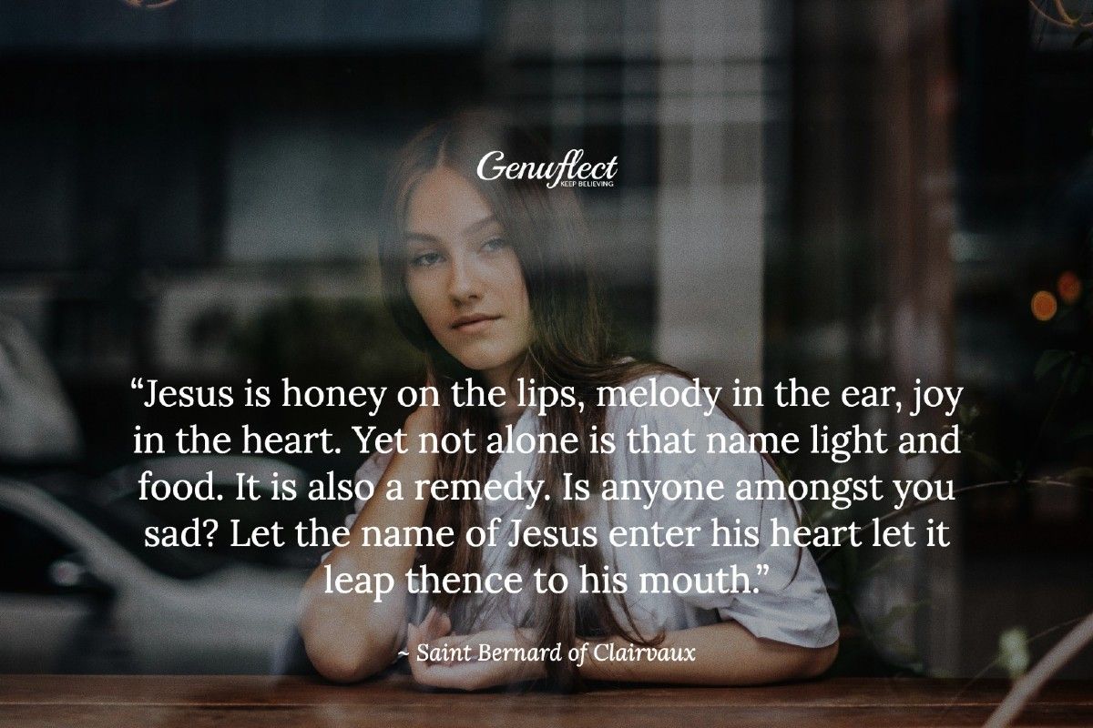 GenuflectHQ's tweet photo. Saint Bernard of Clairvaux quote >> โIs anyone amongst you sad? Let the name of Jesus enter his heart let it leap thence to his mouth.โ
#Genuflect #Catholic #HolyName https://t.co/vKIT1KuO4O