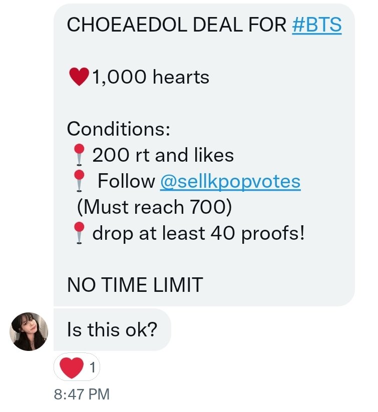 CHOEAEDOL DEAL FOR #BTS 

🏆1,000 hearts
Rules 
📍200 rt and likes
📍follow <a href="/sellkpopvotes/">Dale Cart</a> 
( must reach 700)
📍 drop at least 40 proofs!

No time limit!!