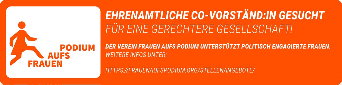 Wer hat Lust auf ein neues Ehrenamt? <a href="/FrauenPodium/">Frauen aufs Podium</a>
sucht einen ehrenamtlichen Co-Vorstand. Der Verein unterstützt politisch engagierte Frauen &amp; setzt neue Impulse für #Gleichstellung. Ich durfte schon ein tolles Seminar begleiten. Hier mehr Infos:
frauenaufspodium.org/stellenangebote