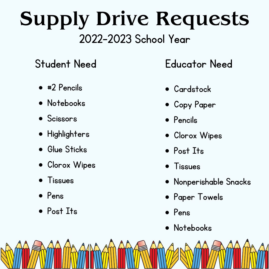 After hearing from you all, here’s the compiled list of most requested supplies for students and educators heading into this school year. If you’re able to make it to the 7/31 event, please bring some with you. If not, please find a school in your community to support!