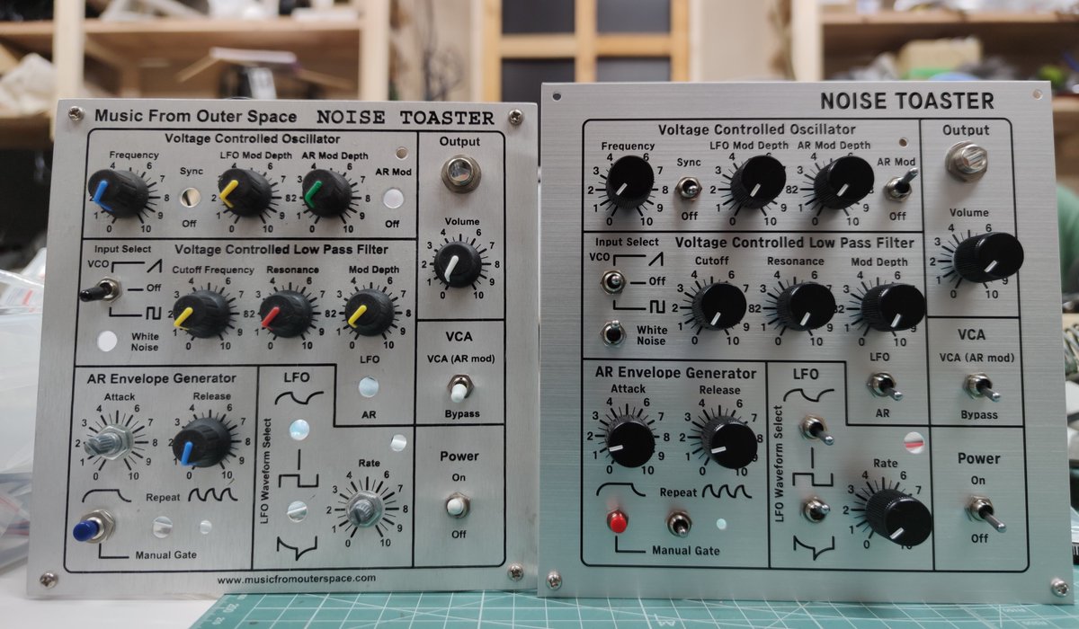 CodyHappystar's tweet photo. Right: 秋月電子のNOISE TOASTERのPanel
Left: Music From Outer SpaceのNOISE TOASTERのPanel
#MFOS #NoiseToaster #DIYSynth #ノイズトースター https://t.co/tGCNoYrgtC
