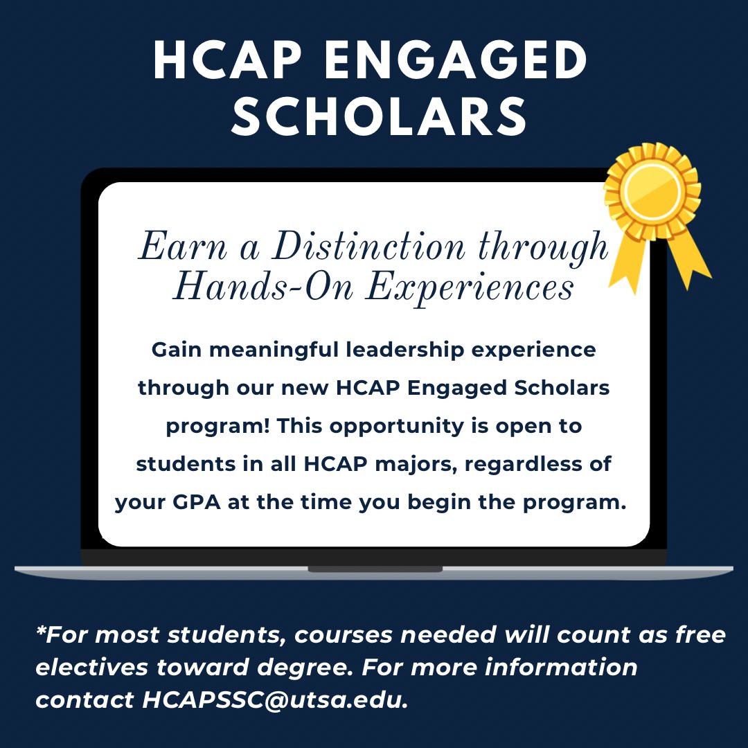 hcaputsa's tweet photo. New program for HCAP students! This is an opportunity for students to gain hands on experience and be recognized as an “Engaged Scholar!” https://t.co/rck5bre53I