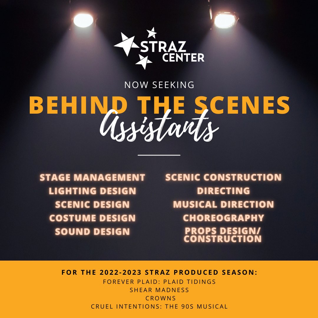 StrazCenter's tweet photo. Behind the Scenes Assistants needed for the 22-23 #StrazProduced Season!
These positions are for individuals intending to pursue a professional career behind the scenes. They are ideal for college students and early career professionals.
More info: https://t.co/zYciZ3QfwD https://t.co/snWWbzQs6g