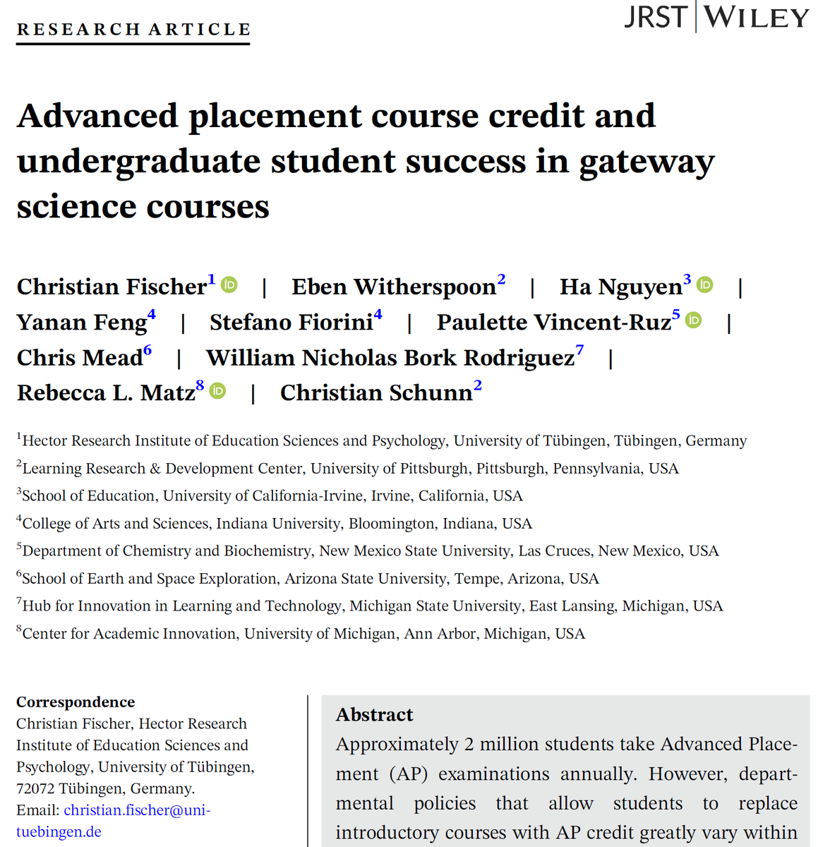 Publication Alert!

New study examining #apcredit policies at six large public universities. 
Main finding: Students who skipped courses with AP credit performed similar (or better) in subsequent courses than students who did no skip. #highered 
Link: doi.org/10.1002/tea.21…
