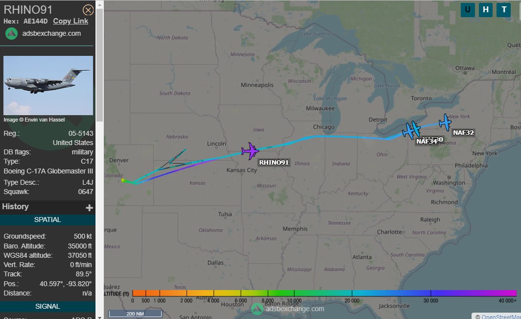 vcdgf555's tweet photo. @TheIntelFrog RHINO91 also took off out of same airport and relatively same heading.

RHINO91 is C-17A 05-5143 #AE144D https://t.co/syX1ywIj3V