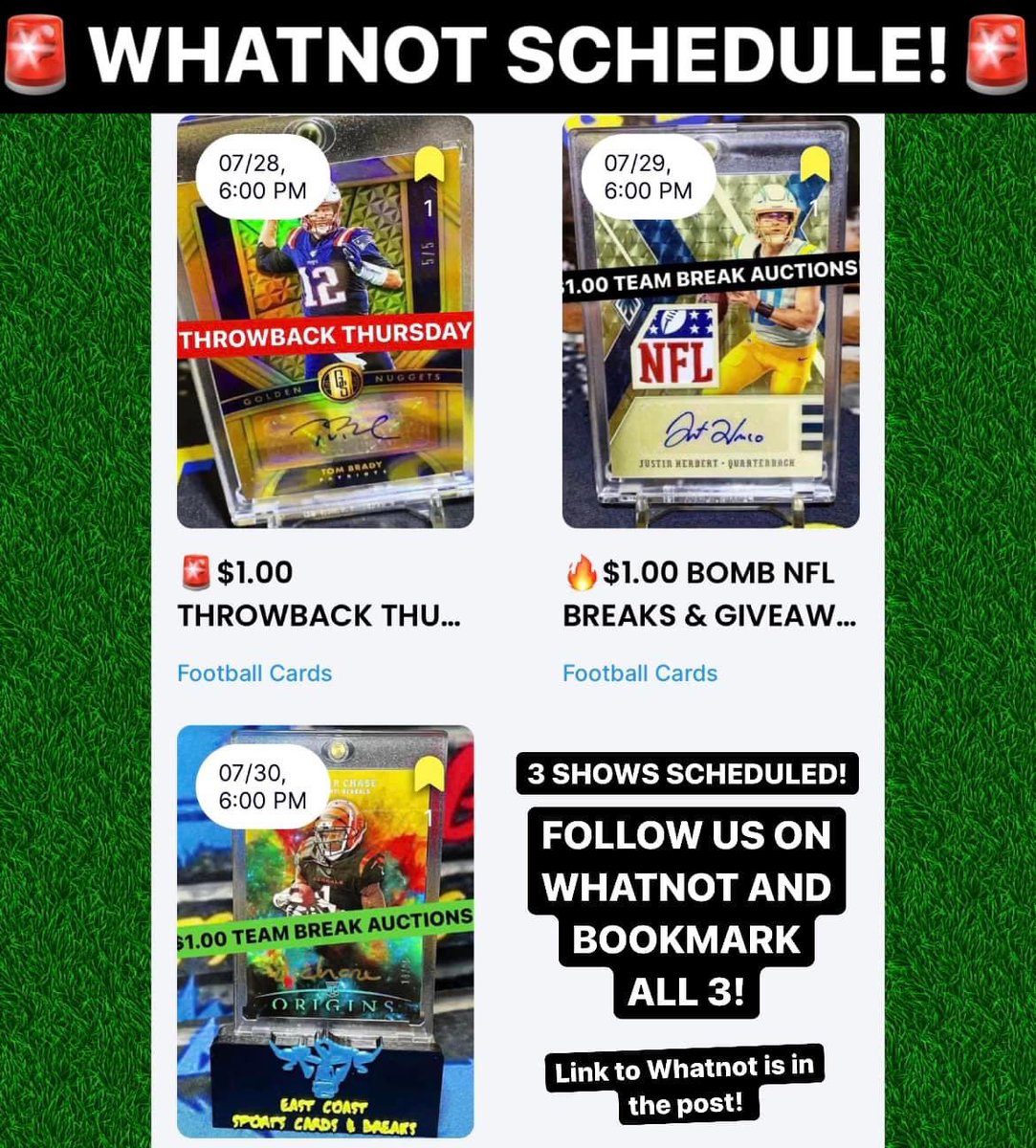 East_Coast_SCB's tweet photo. 🚨WHATNOT SCHEDULE UPDATE🚨
Follow us on Whatnot and bookmark the shows!Only $1.00 to start every auction, ALWAYS!! Bombers pulled on the regular!Great prices &amp; Pick 2 Choose 1 Price, ALWAYS!

Click link below or in bio, follow us, and bookmark all 3 shows baby!💪🏼🔥😈🏈 https://t.co/iNavqTyaIi