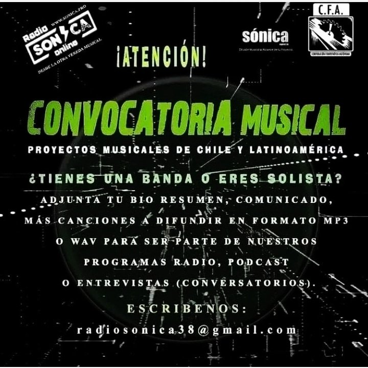 pro_sonica's tweet photo. 📢📻¡ATENCIÓN! Se viene la III CONVOCATORIA MUSICAL ||  Proyectos musicales ligados al Rock y Variantes, Pop, Hip hop, Ska, Reggae, Funk, Electrónica! 🔉🔊 Envíanos tu comunicado o reseña + canciones a difundir al correo  radiosonica38@gmail.com https://t.co/RxWK78jpkB