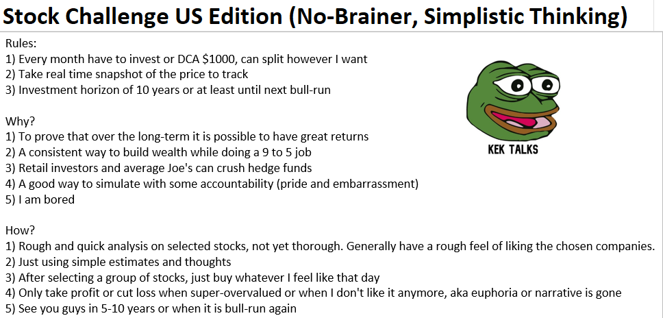 kektalks's tweet photo. Stock Challenge US Edition (No-Brainer, Simple Investing) #1

Super bored and wanna have this simple project to prove to myself that you don't need crazy investing skills or analysis. Honestly, haven't dived deep into any of these companies yet. Any more companies to add? https://t.co/WIMqdJJ2jk