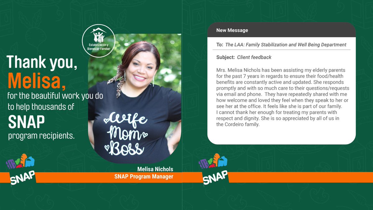 TheLAA's tweet image. One of the most requested services at the LAA is benefits enrrolment. Melisa Nichols, our SNAP Program Manager, has been instrumental to the organization&apos;s success with our clients. Thank you Melisa! 🙌🏻

#TheLAA #SNAP #Snapprogram #Review #Testimonial #ClientServices