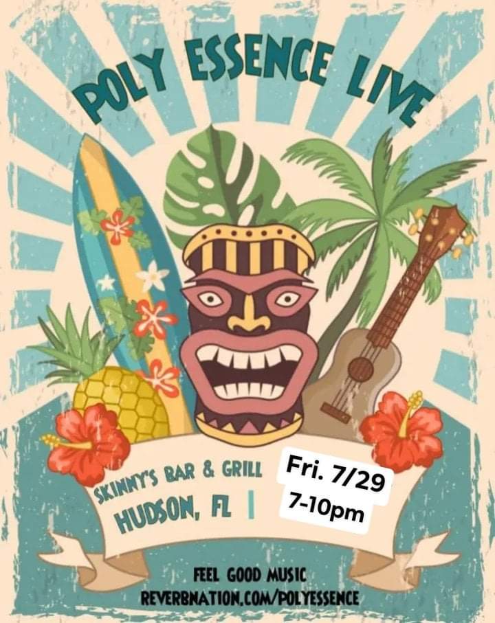 kevinlpurcell's tweet photo. Poly Essence Band Live at Skinny's Bar and Grill in Hudson,  FL this Friday, July 29th 7pm-10pm. #feelgoodmusic #skinnysbar #hudsonfl #polyessence #alohafriday #tikiparty https://t.co/hKhQjdwMFx
