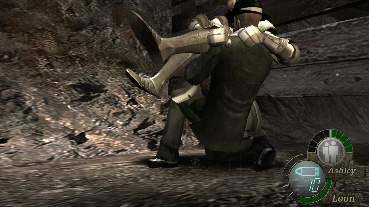 Resident Bio Evil on X: There's a fun animation for Ashley if she's  wearing the medieval armor. When Leon catches her, he drops to one knee and  holds his back in pain