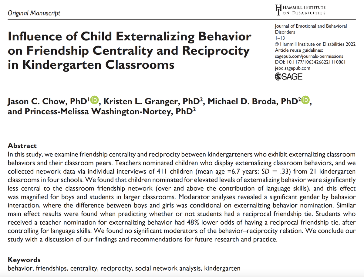 Jason Chow (@jasonchow) on Twitter photo In our new study, we explore the role of teacher perceptions of child #externalizing behavior in children’s #friendship centrality and reciprocity <a href="/kgranger_7/">Kristen Granger</a> <a href="/MichaelDBro/">Michael Broda</a> <a href="/UMD_TRILab/">UMD_TRILab</a> 1/9
Link: journals.sagepub.com/doi/full/10.11…
Pre-print: researchgate.net/publication/36… In our new study, we explore the role of teacher perceptions of child #externalizing behavior in children’s #friendship centrality and reciprocity <a href="/kgranger_7/">Kristen Granger</a> <a href="/MichaelDBro/">Michael Broda</a> <a href="/UMD_TRILab/">UMD_TRILab</a> 1/9
Link: journals.sagepub.com/doi/full/10.11…
Pre-print: researchgate.net/publication/36…