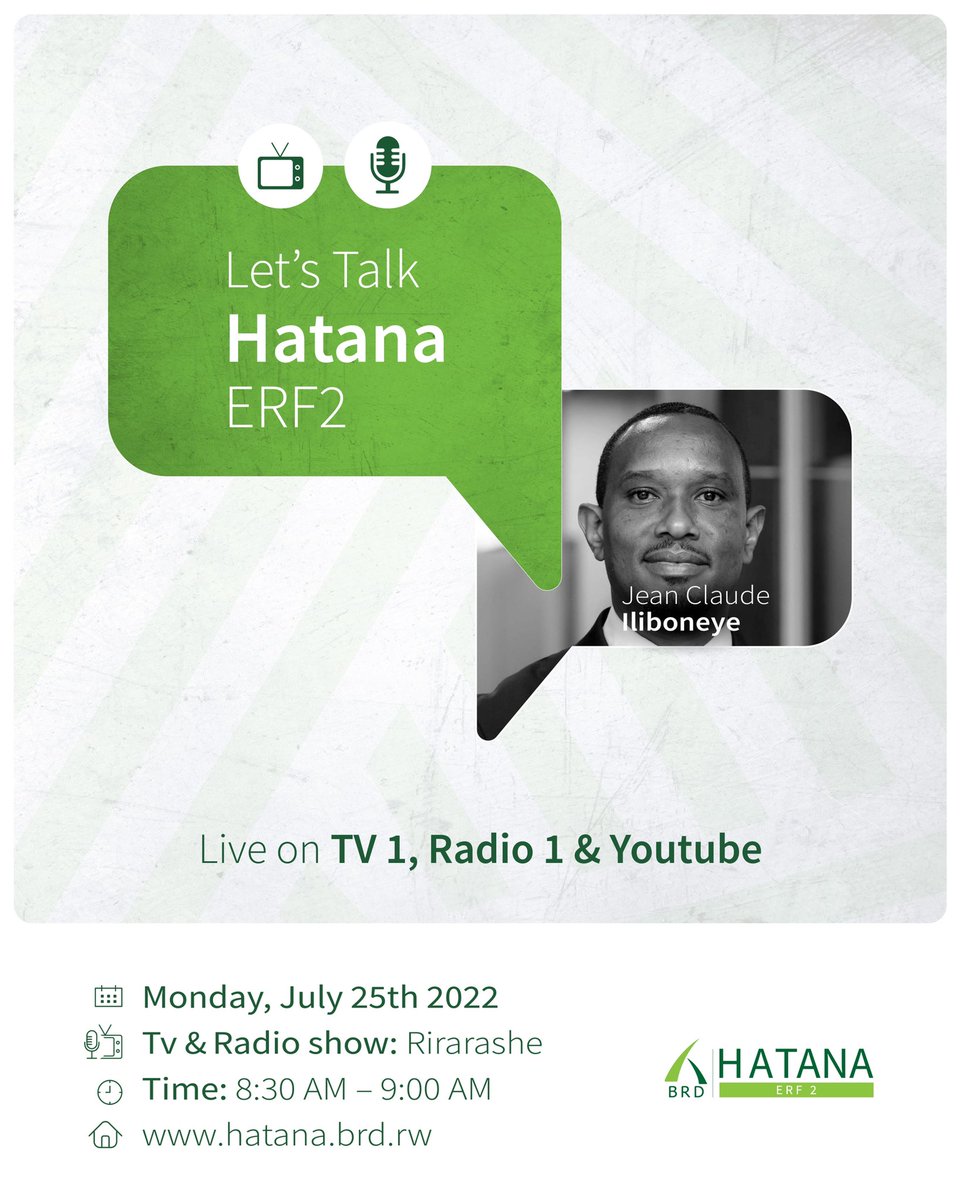 If you missed us on our previous show, you can catch us live tomorrow morning in Rirarashe on <a href="/TV1Rwanda/">TV1 Rwanda</a> , Radio 1 and live broadcast on YouTube.

Let's talk #Hatana #ERF2